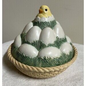 VTG Westmoreland Milk Glass Chick & Eggs Basket Covered Dish Hand Painted Easter